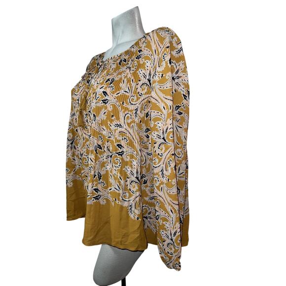 DR2 Top Size L Yellow Floral Accordion Pleats Long Sleeve Lightweight Blouse - Picture 4 of 11